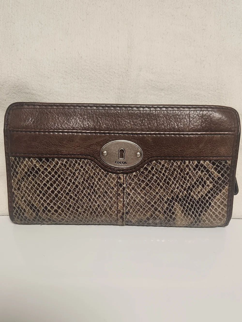 Fossil Dark Brown Leather Wallet with Snakeskin Accent